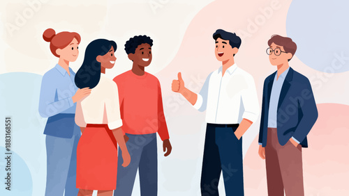 A group of people are standing together and one of them is giving a thumbs up. Scene is positive and friendly