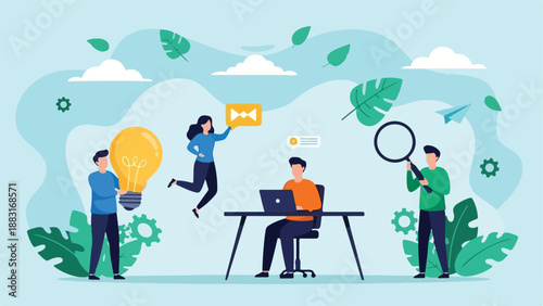 Creative Team Collaborating on Innovation and Brainstorming Ideas in a Modern Workspace innovation team collaboration vector