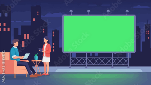 Two people interacting near a blank green billboard in a city at night