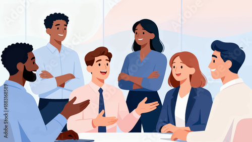 A group of people are sitting around a table, smiling and talking to each other. Scene is friendly and positive, suggesting that they are enjoying each other's company and having a good time