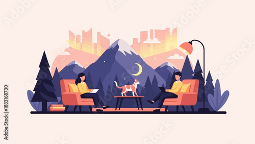 Two people reading in cozy chairs with a cat and mountain backdrop