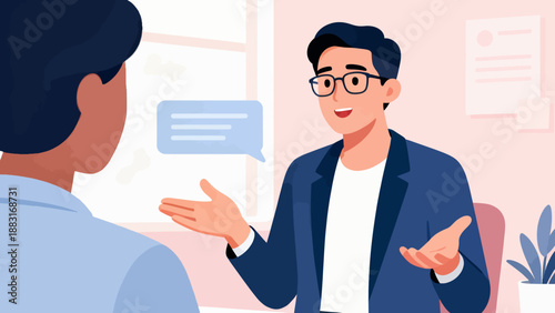 A man in a suit is having a conversation with a man in a blue shirt. The man in the blue shirt has a smile on his face, and the man in the suit is looking at him intently