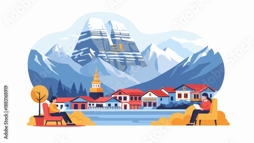 Two people relax by a peaceful lakeside town nestled against majestic mountains