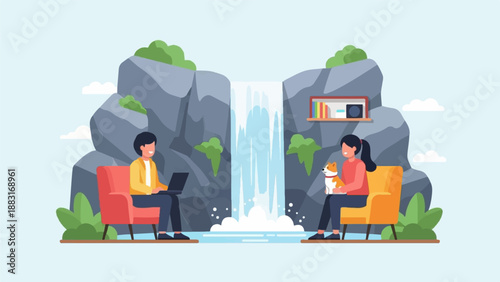 Two people relax by a waterfall with a dog and laptop, surrounded by nature