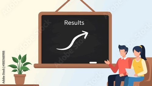 Two people observe a blackboard showing "Results" and an upward trend arrow