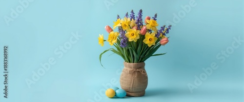Easter bouquet of daffodils, tulips, and Muscari with blue and turquoise Easter eggs on a blue background, honoring 8th March Mother's Day in a vase gift arrangement