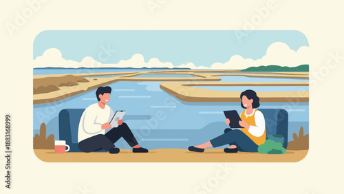 Two people relax by water, enjoying tablets and a scenic view
