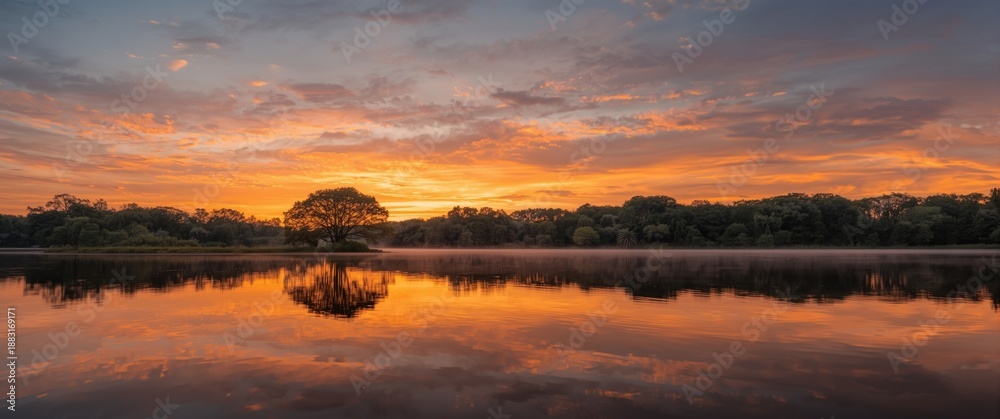 Obraz premium Lake mirrored at sunset