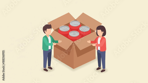 Two people offer a box of red cans with silver tops