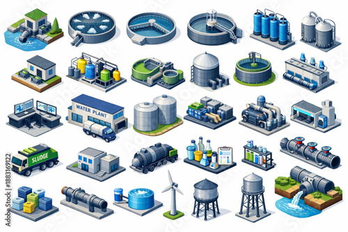 Isometric Water Treatment Plant Vector Icon Set