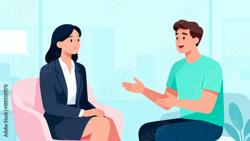 A man and a woman are having a conversation. The man is smiling and the woman is looking at him. The woman is wearing a suit and the man is wearing a green shirt