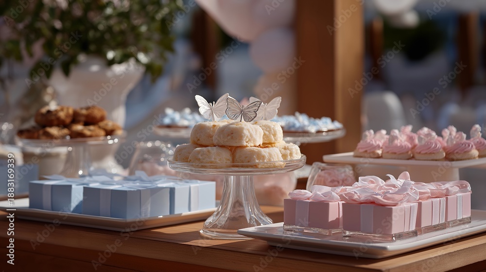 A decorated baby table with thematic centerpieces and charming decorations, perfect for marketing baby shower items or children's party supplies in an enticing layout. cinematic color correction,
