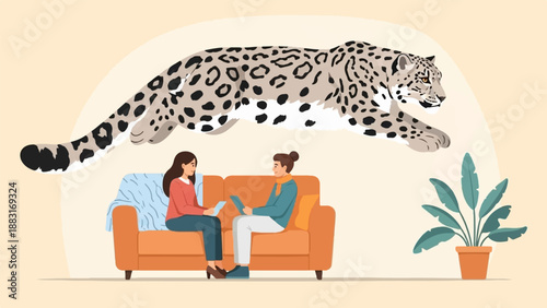 Two people on a couch with a snow leopard leaping over them indoors