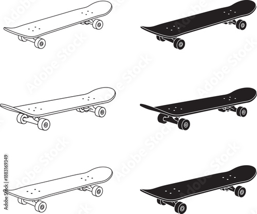 Six skateboards in different orientations and shading