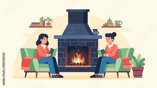 Two people relax in armchairs by a fireplace, reading books