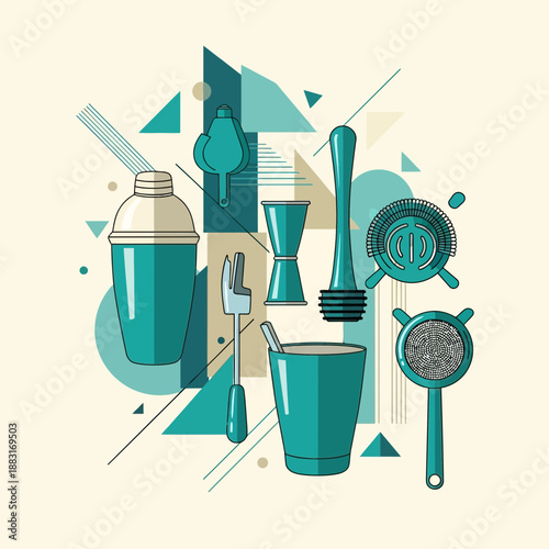 Stylish Cocktail Tools Arrangement With Geometric Background For Beverage Promotion Advertising