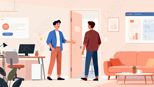 Two men are standing in front of a door. One of them is smiling and the other is frowning. The room has a modern design with a couch, a chair, and a coffee table