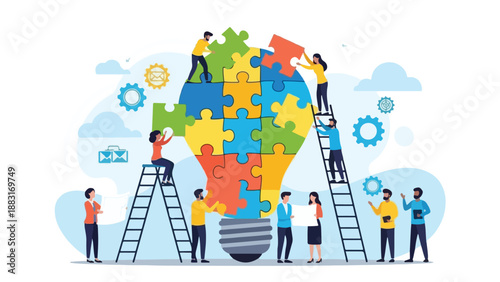 Creative Team Collaborating on Innovative Puzzle Project for Brainstorming and Problem Solving innovation team collaboration vector