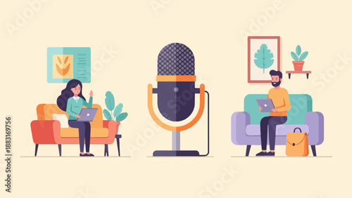 Two people on couches with laptops beside a microphone