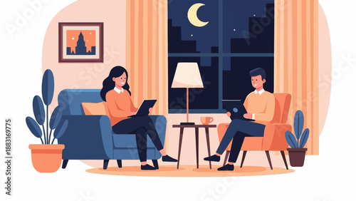 Two people relax in armchairs using tablets by a window at night