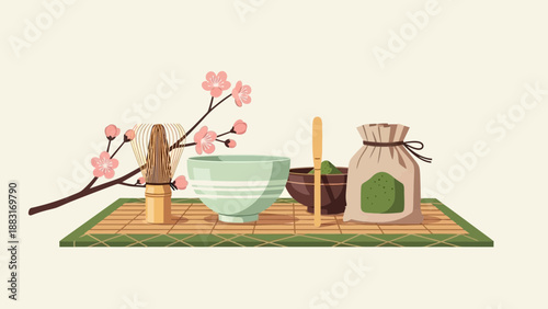 Tranquil Matcha Ceremony Composition Featuring Cherry Blossoms and Tea Utensils