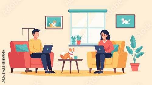 Two people on couches working on laptops, with a dog nearby