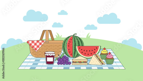 Summer Outing: A Colorful Picnic Scene, Food and Refreshments For Relaxation