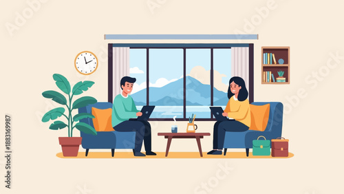 Two people on couches working on laptops with a scenic view