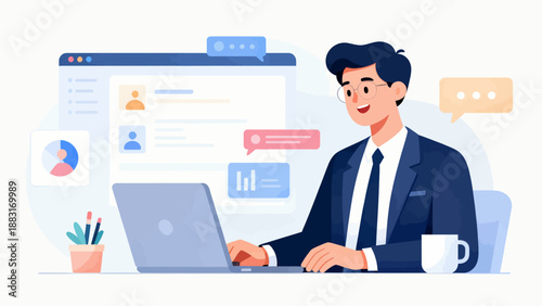 A man is sitting at a desk with a laptop and a cup of coffee. He is smiling and he is enjoying his work. Concept of productivity and positivity