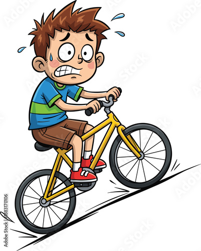 Cartoon of boy riding bicycle uphill with sweat and anxious expression, effort and challenge theme illustration, transparent background graphic