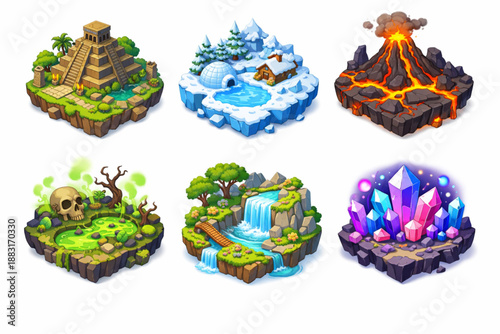 Isometric 3D Fantasy Islands Vector Set for Game UI and Cartoon Landscapes
