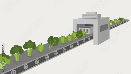 Vegetable Production Line Conveyor Belt System Illustration Showing Processing and Sorting of Greens