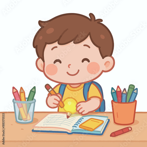 Joyful young boy actively participating in an educational drawing activity, expressing creativity and developing new ideas with colorful pencils and a notebook on his desk