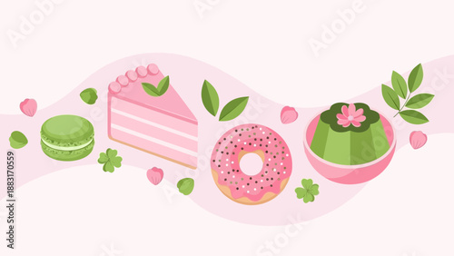 Sweet Dessert Assortment of Macaroon, Cake, Doughnut, and Pudding on Pink Wave