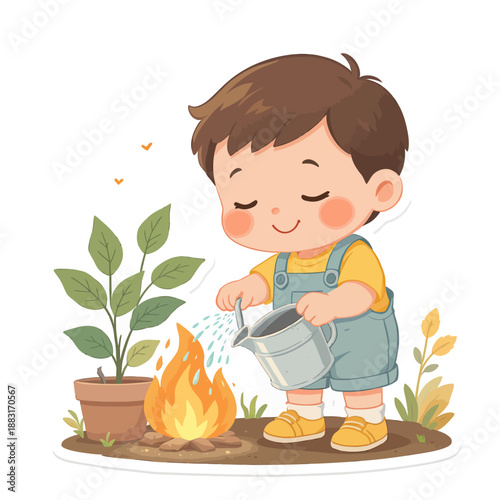 A cheerful young boy watering a small plant next to a campfire in a park, illustrating care for nature and outdoor activities