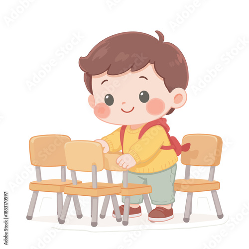 A young boy in a yellow backpack tidies up chairs in a classroom setting, symbolizing order and responsibility
