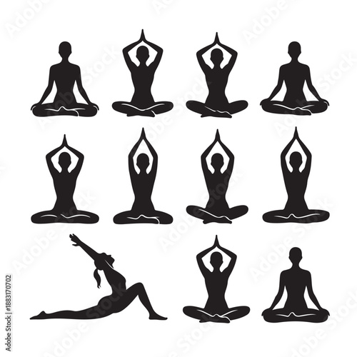Yoga silhouettes set featuring female figures in various meditation lotus poses and stretching exercises for health wellness mindful lifestyle concept isolated on transparent background illustration