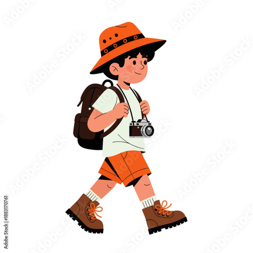 Little Boy Explorer Walking with Backpack and Camera, Young Backpacker Traveler Character in Vector Illustration, Kid Adventurer Isolated on White Background for Travel and Tourism Concept.