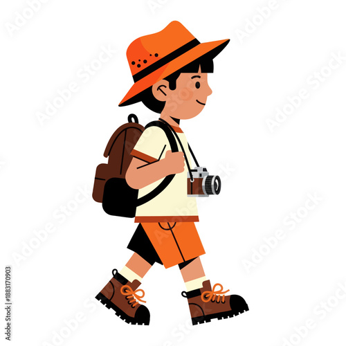 Little Boy Explorer Walking with Backpack and Camera, Young Backpacker Traveler Character in Vector Illustration, Kid Adventurer Isolated on White Background for Travel and Tourism Concept.