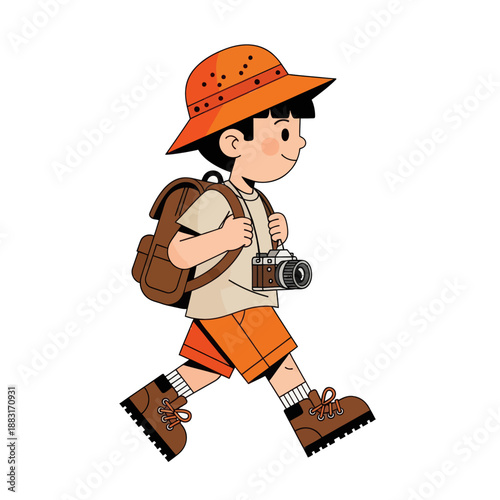 Little Boy Explorer Walking with Backpack and Camera, Young Backpacker Traveler Character in Vector Illustration, Kid Adventurer Isolated on White Background for Travel and Tourism Concept.