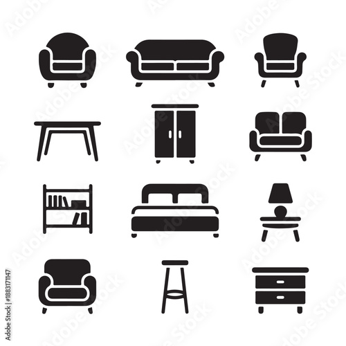 collection of furniture icons in black silhouette style including armchair sofa table wardrobe bed bookshelf lamp stool and dresser for interior design and home decor concepts