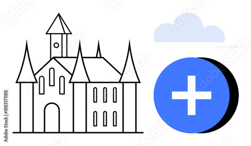 Castle theme. Medieval castle outline complemented by a modern addition symbol and cloud. Castle history, fantasy, and culture. Useful for concepts thumbs up heritage, transition, and technology