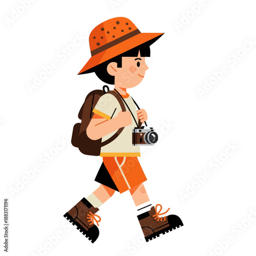 Little Boy Explorer Walking with Backpack and Camera, Young Backpacker Traveler Character in Vector Illustration, Kid Adventurer Isolated on White Background for Travel and Tourism Concept.