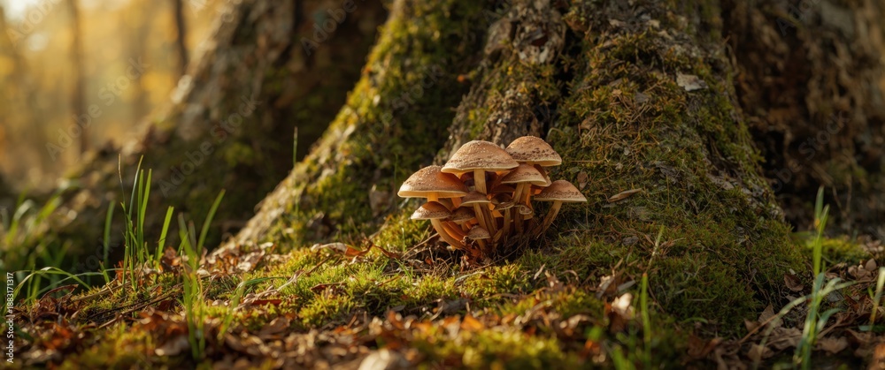 Fototapeta premium Tree Trunks serve as habitats for Wild Mushrooms