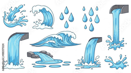 Cartoon Water Splashes and Rain Drops Vector Set – Fresh Aqua Stream, Waves, and Puddles