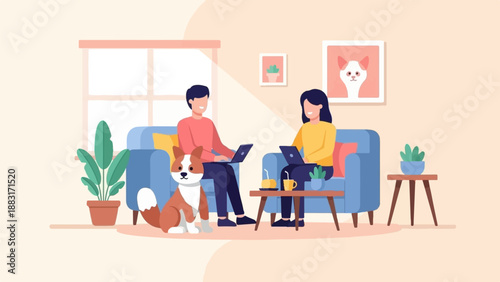 Two people and a dog relax on couches in a cozy room