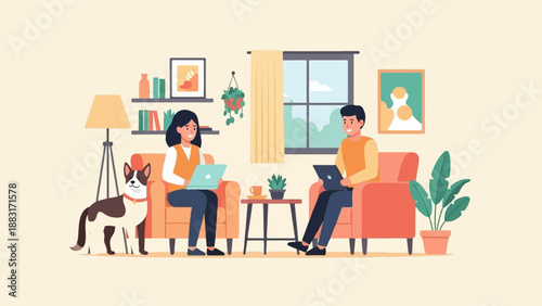 Two people and a dog relax on couches, using laptops in a cozy room