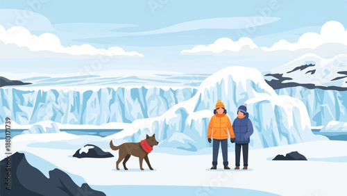 Two people and a dog stand in a snowy landscape with glaciers
