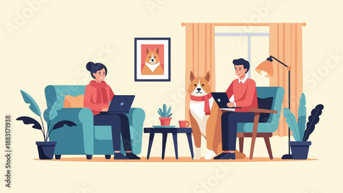 Two people and a dog working on laptops in a cozy living room