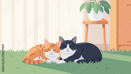 Two napping cats, one orange tabby and one black and white, cuddled together